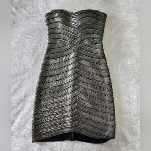 BCBGMaxAzria Strapless Metallic Sheath Dress in Gunmetal Silver